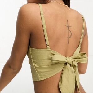 L/8 - 🇪🇸Women’s tie back linen crop top in khaki - Pull&Bear - New